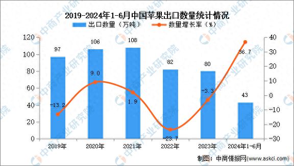 2024年1-6月中国苹果出口数据统计分析：出口量同比增长367%(图1)